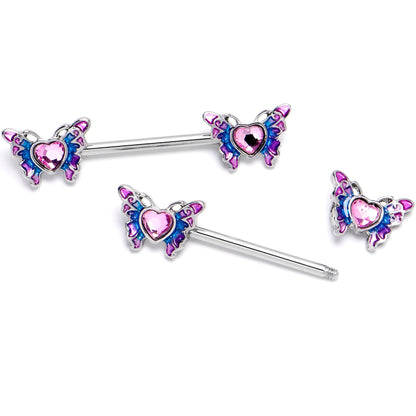 14G 9/16 Pink Gem Heart Butterfly Purple Barbell Nipple Ring Set