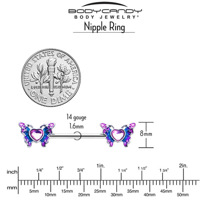 14G 9/16 Pink Gem Heart Butterfly Purple Barbell Nipple Ring Set