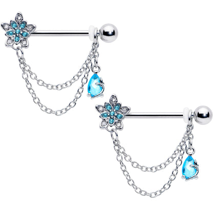 14G 9/16 Blue CZ Gem Snowflake Flower Chain Dangle Nipple Ring Set