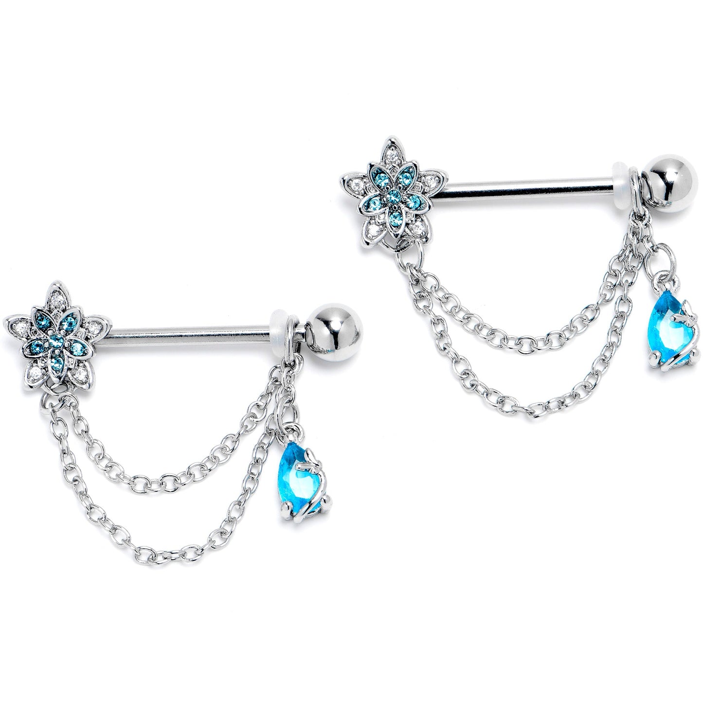 14G 9/16 Blue CZ Gem Snowflake Flower Chain Dangle Nipple Ring Set