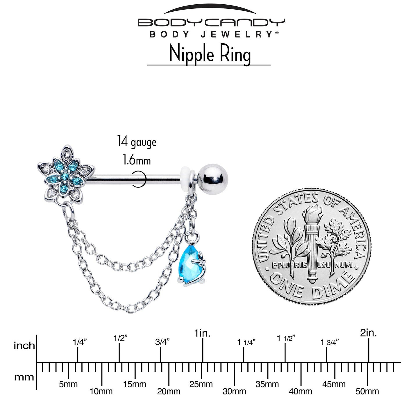 14G 9/16 Blue CZ Gem Snowflake Flower Chain Dangle Nipple Ring Set