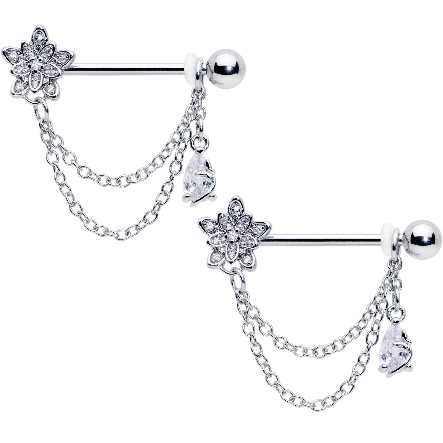 14G 9/16 Clear CZ Gem Snowflake Flower Chain Dangle Nipple Ring Set