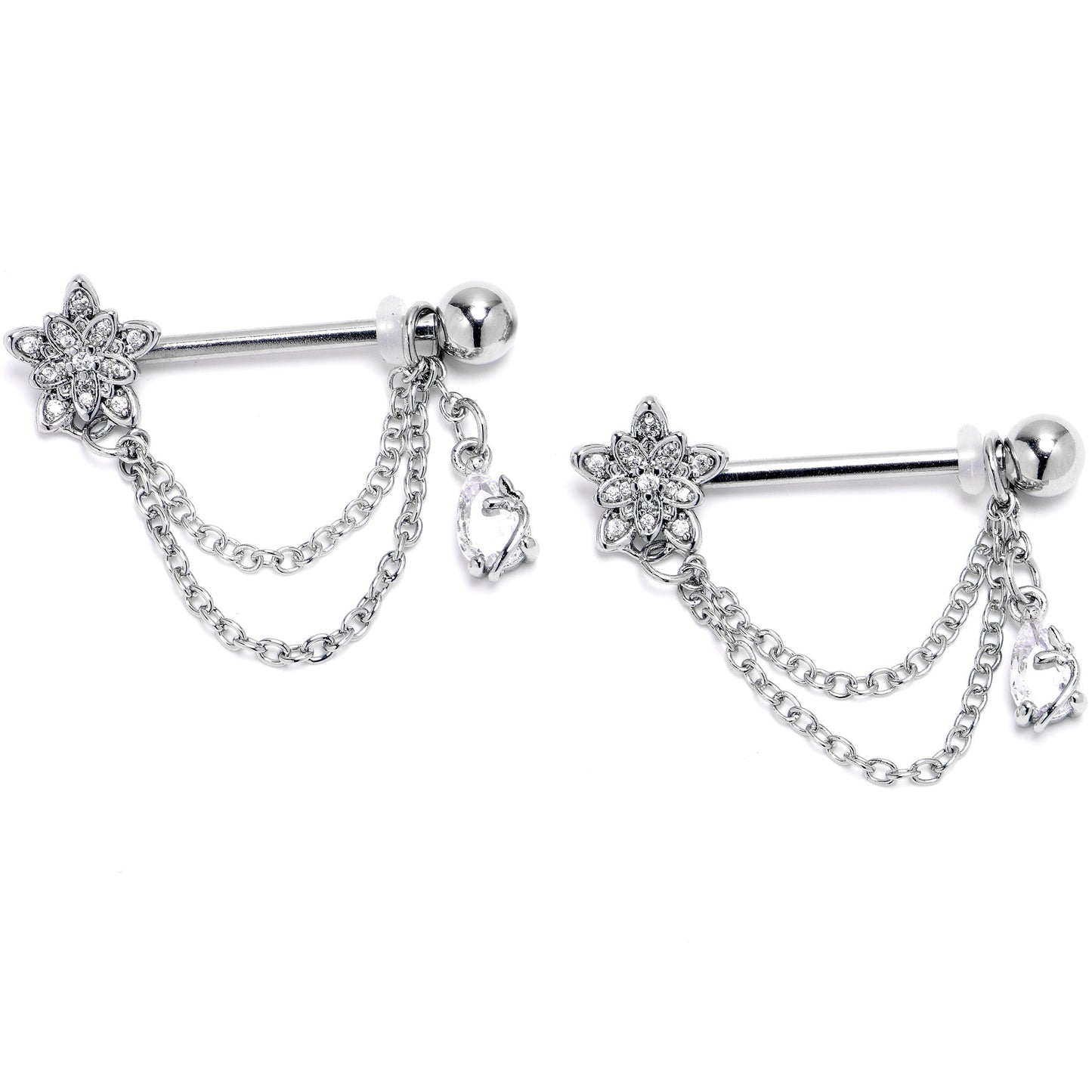 14G 9/16 Clear CZ Gem Snowflake Flower Chain Dangle Nipple Ring Set
