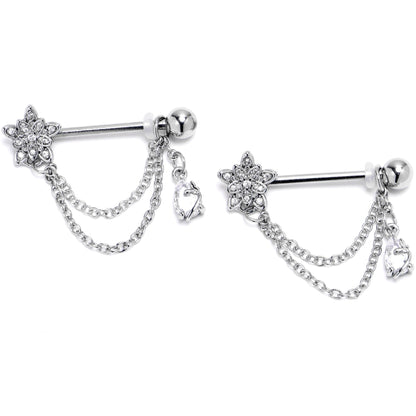 14G 9/16 Clear CZ Gem Snowflake Flower Chain Dangle Nipple Ring Set