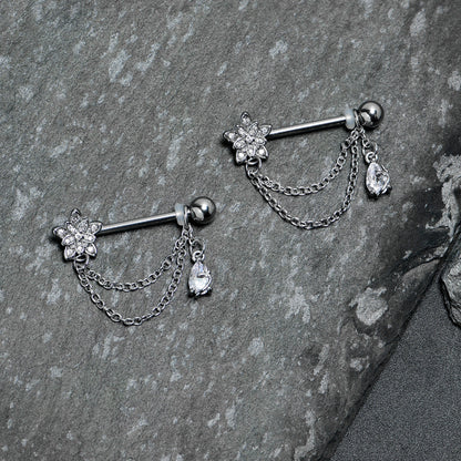 14G 9/16 Clear CZ Gem Snowflake Flower Chain Dangle Nipple Ring Set