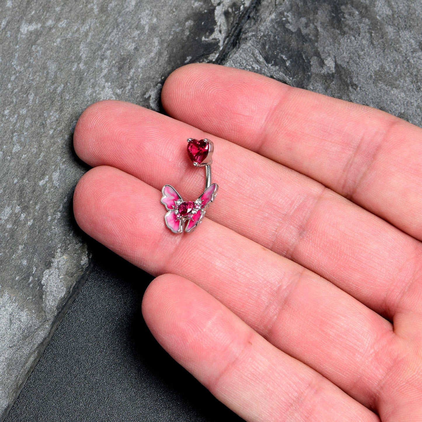 Pink CZ Gem Butterfly Love Heart Double Mount Belly Ring