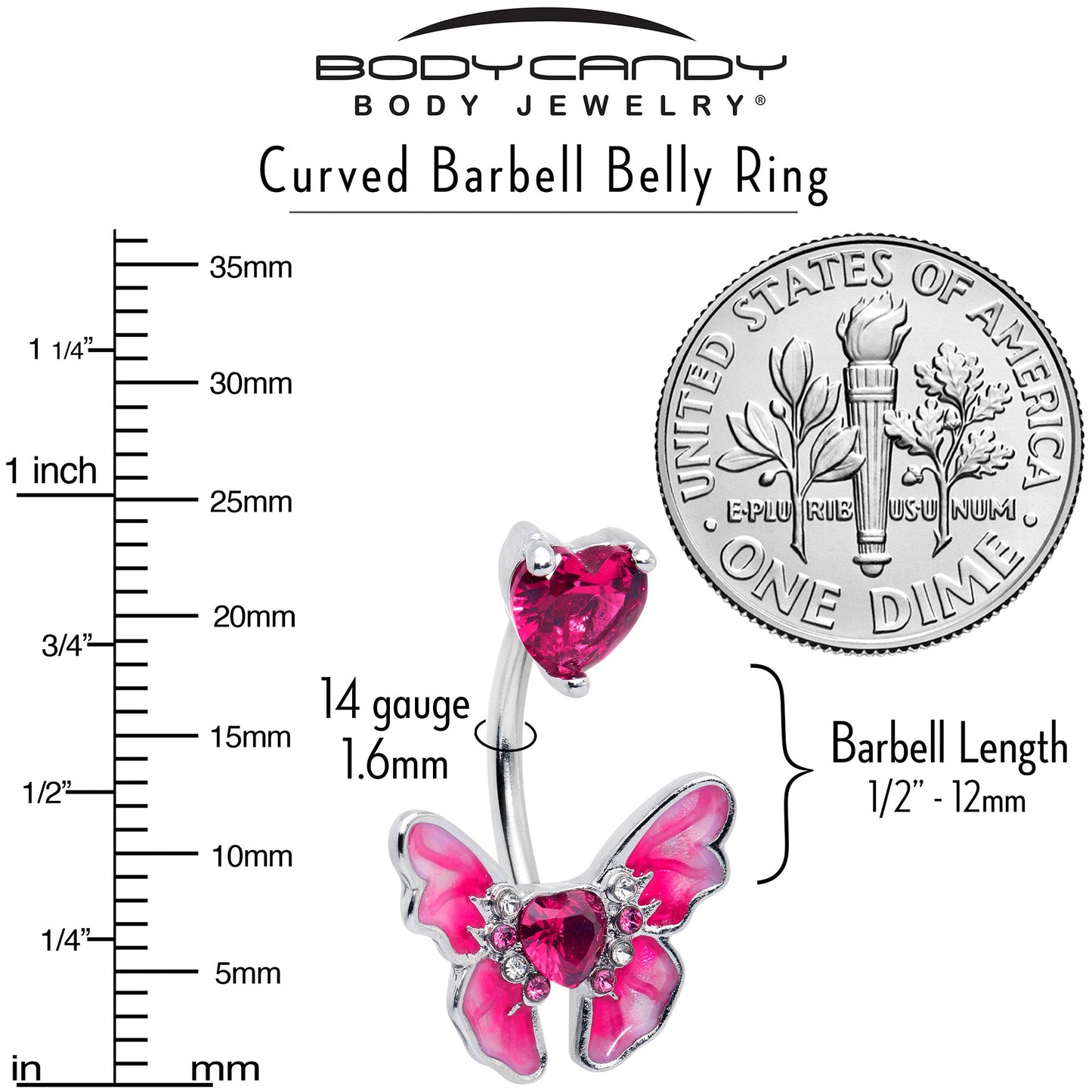 Pink CZ Gem Butterfly Love Heart Double Mount Belly Ring