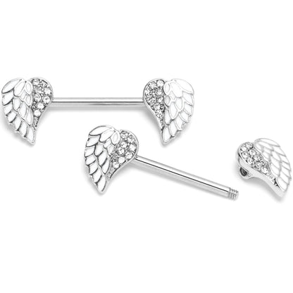 14G 9/16 White Heavenly Heart Angel Wings Barbell Nipple Ring Set