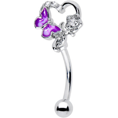 16G 5/16 Clear CZ Gem Butterfly Rose Purple Curved Eyebrow Ring