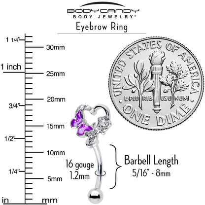 16G 5/16 Clear CZ Gem Butterfly Rose Purple Curved Eyebrow Ring