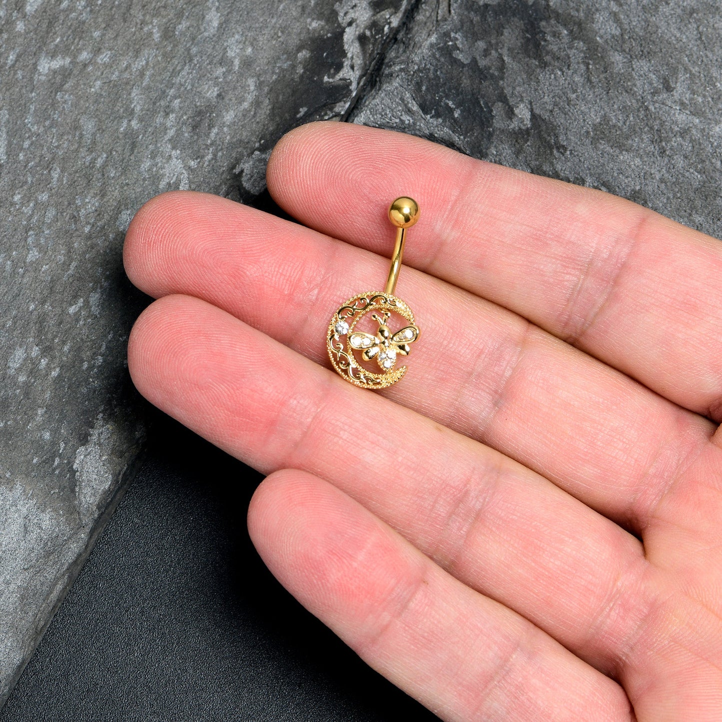 Clear Gem Gold Tone Lunar Dragonfly Belly Ring