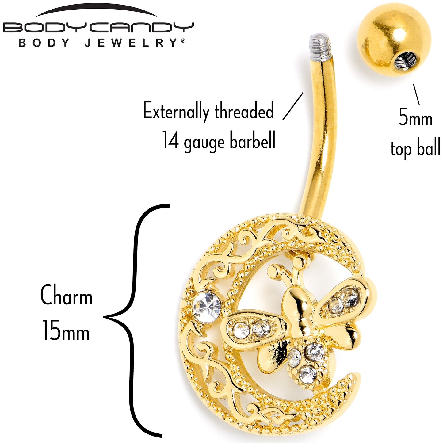 Clear Gem Gold Tone Lunar Dragonfly Belly Ring