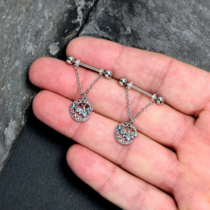 14G 9/16 Blue Gem Lunar Dragonfly Chain Dangle Nipple Ring Set