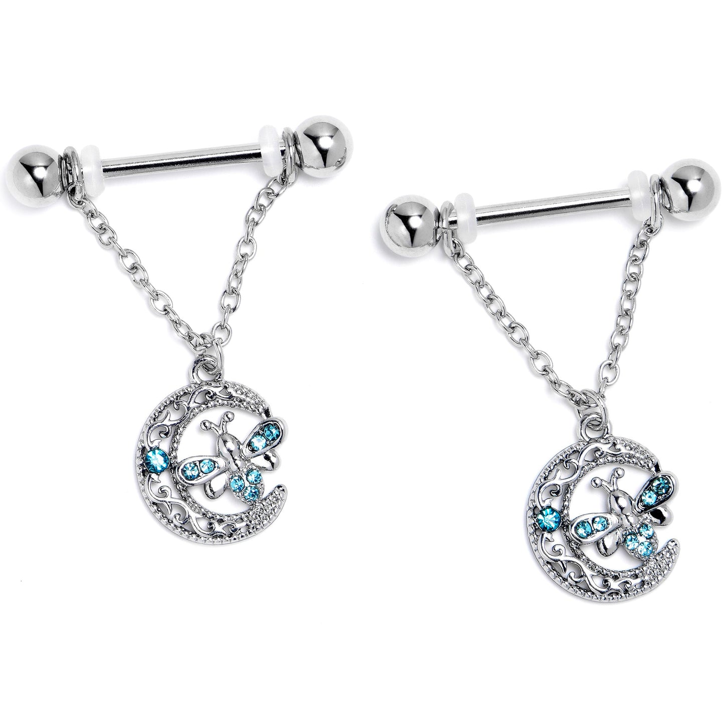 14G 9/16 Blue Gem Lunar Dragonfly Chain Dangle Nipple Ring Set