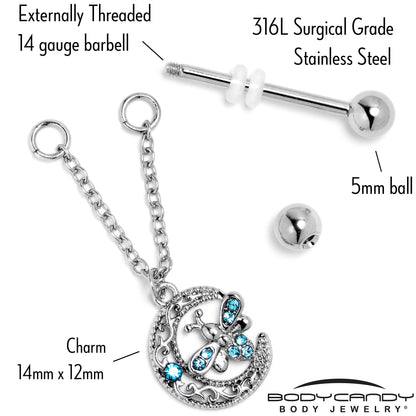 14G 9/16 Blue Gem Lunar Dragonfly Chain Dangle Nipple Ring Set