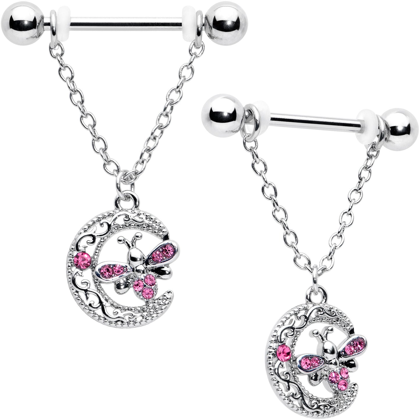 14G 9/16 Pink Gem Lunar Dragonfly Chain Dangle Nipple Ring Set