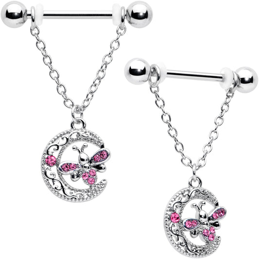 14G 9/16 Pink Gem Lunar Dragonfly Chain Dangle Nipple Ring Set