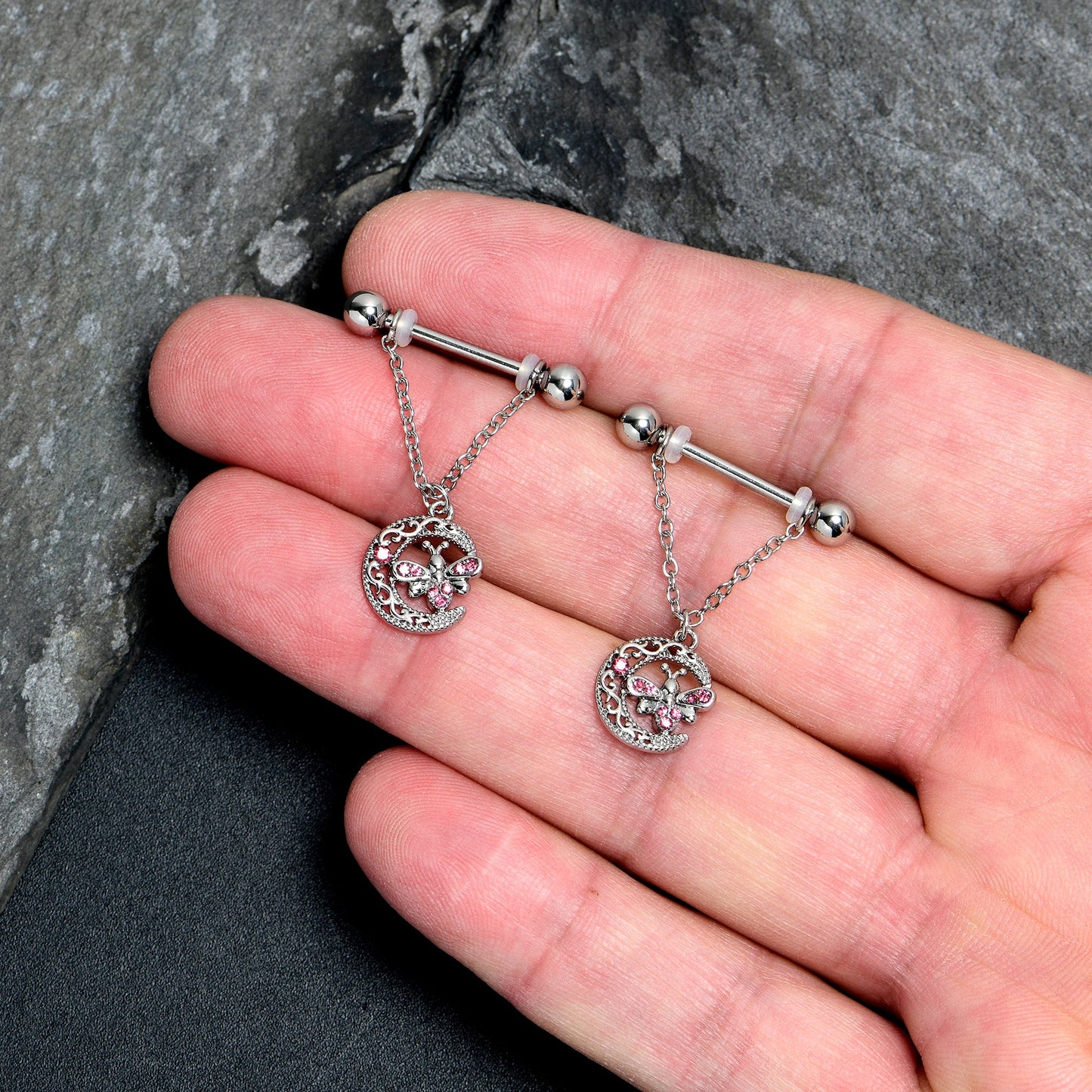 14G 9/16 Pink Gem Lunar Dragonfly Chain Dangle Nipple Ring Set