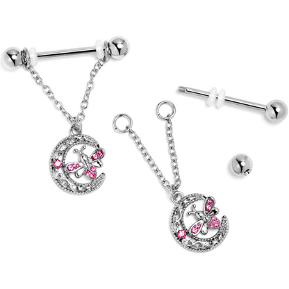 14G 9/16 Pink Gem Lunar Dragonfly Chain Dangle Nipple Ring Set
