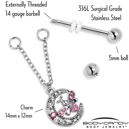14G 9/16 Pink Gem Lunar Dragonfly Chain Dangle Nipple Ring Set