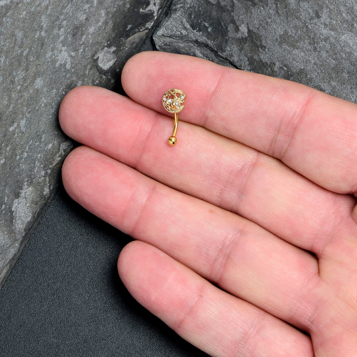 16G 5/16 Clear Gem Gold Tone Lunar Dragonfly Curved Eyebrow Ring