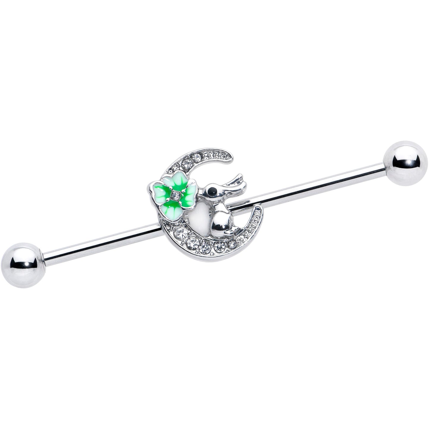 14G Clear Gem Rabbit On Moon Flower Industrial Barbell 38mm