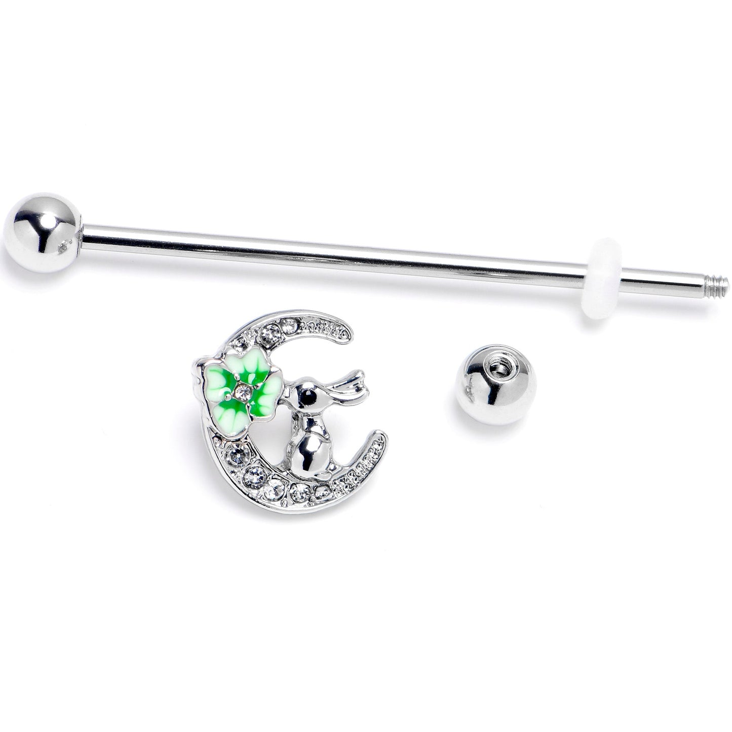 14G Clear Gem Rabbit On Moon Flower Industrial Barbell 38mm