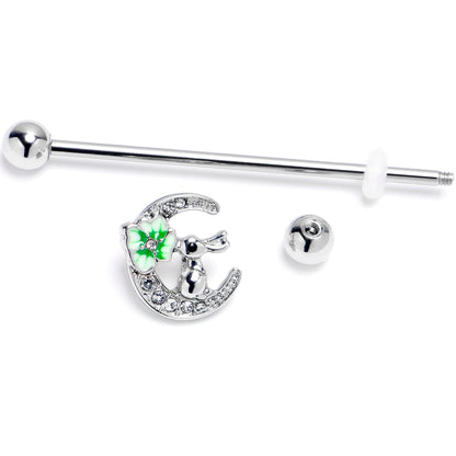 14G Clear Gem Rabbit On Moon Flower Industrial Barbell 38mm