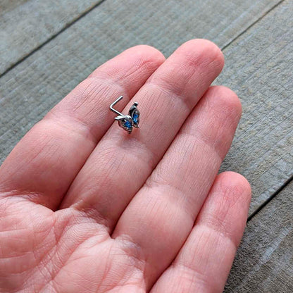 20G 7mm Blue Gem Fancy Fab Butterfly L Shape Nose Ring