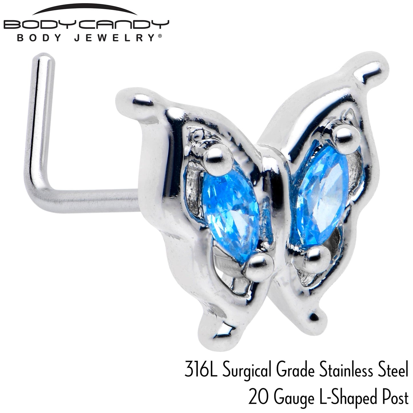 20G 7mm Blue Gem Fancy Fab Butterfly L Shape Nose Ring