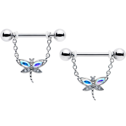 14G 9/16 Aurora CZ Gem Understated Dragonfly Dangle Nipple Ring Set