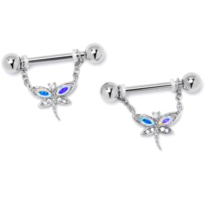 14G 9/16 Aurora CZ Gem Understated Dragonfly Dangle Nipple Ring Set
