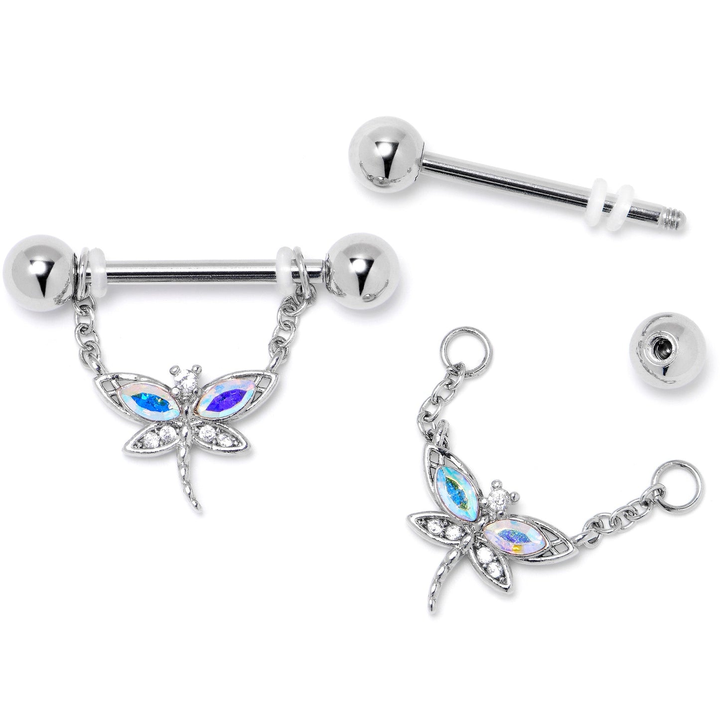 14G 9/16 Aurora CZ Gem Understated Dragonfly Dangle Nipple Ring Set