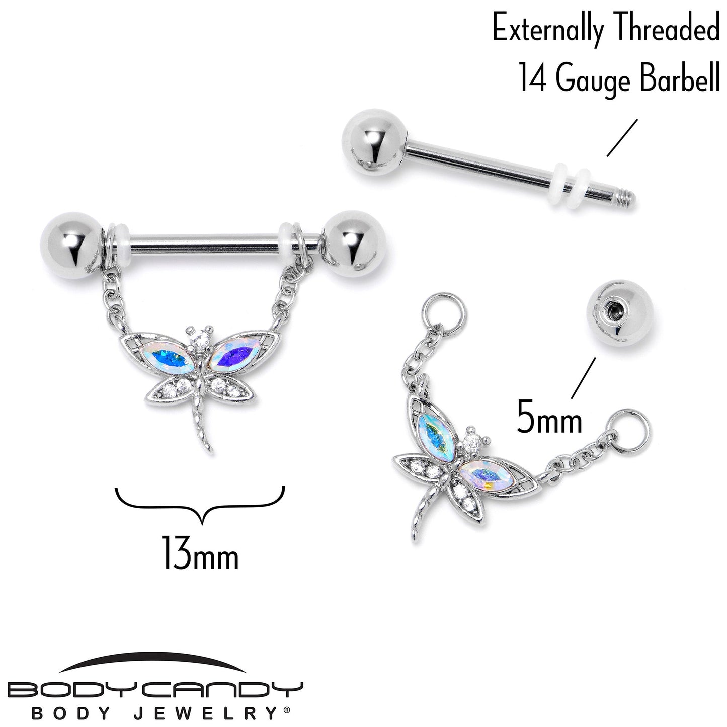 14G 9/16 Aurora CZ Gem Understated Dragonfly Dangle Nipple Ring Set