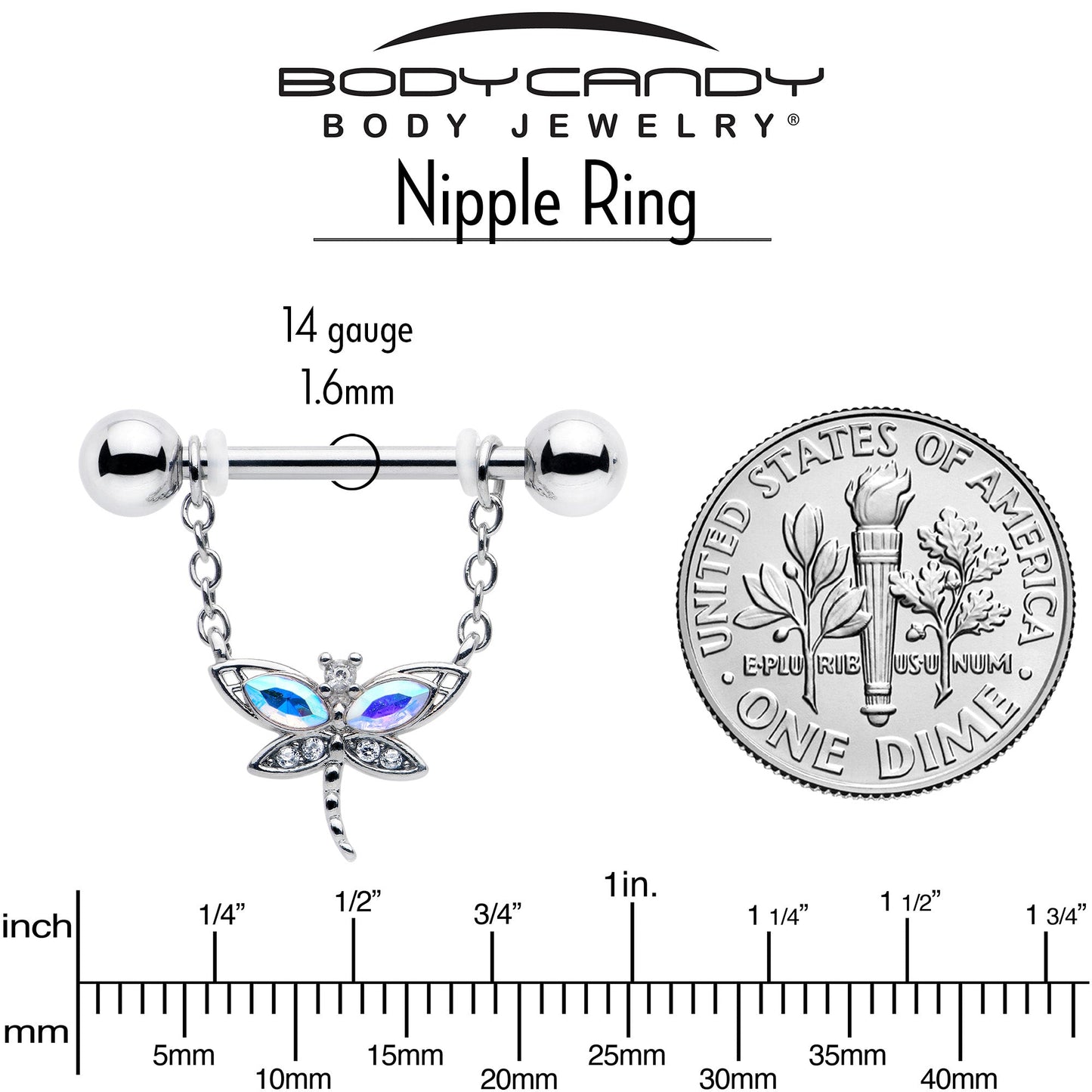 14G 9/16 Aurora CZ Gem Understated Dragonfly Dangle Nipple Ring Set