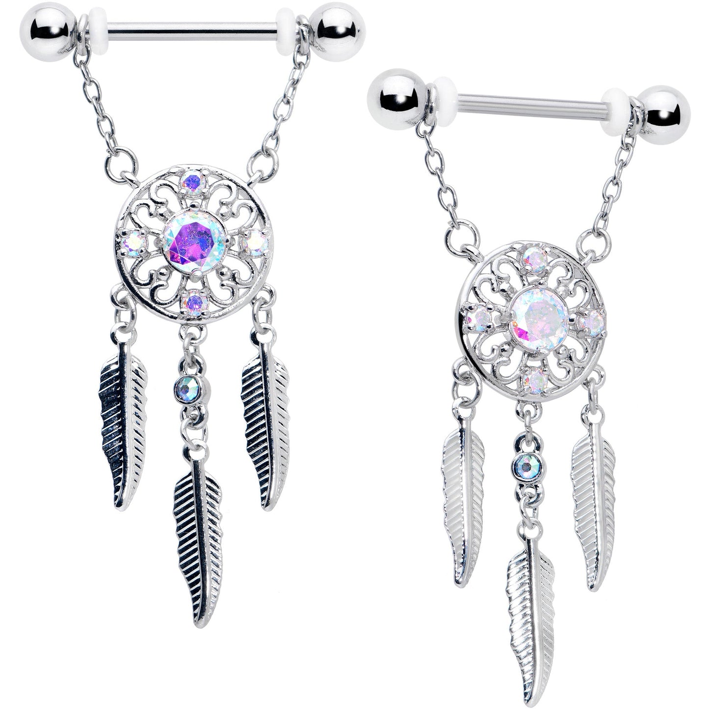 14G 9/16 Aurora CZ Gem Dreamcatcher Dangle Nipple Ring Set