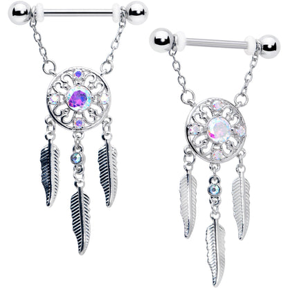 14G 9/16 Aurora CZ Gem Dreamcatcher Dangle Nipple Ring Set