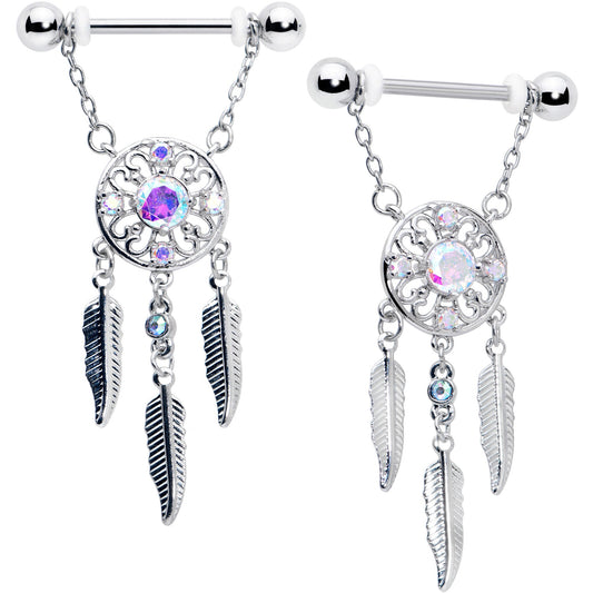 14G 9/16 Aurora CZ Gem Dreamcatcher Dangle Nipple Ring Set