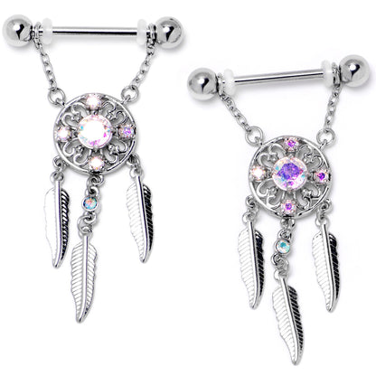 14G 9/16 Aurora CZ Gem Dreamcatcher Dangle Nipple Ring Set