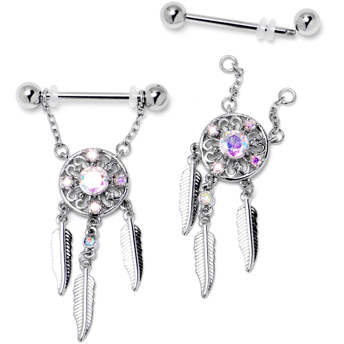 14G 9/16 Aurora CZ Gem Dreamcatcher Dangle Nipple Ring Set