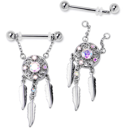 14G 9/16 Aurora CZ Gem Dreamcatcher Dangle Nipple Ring Set