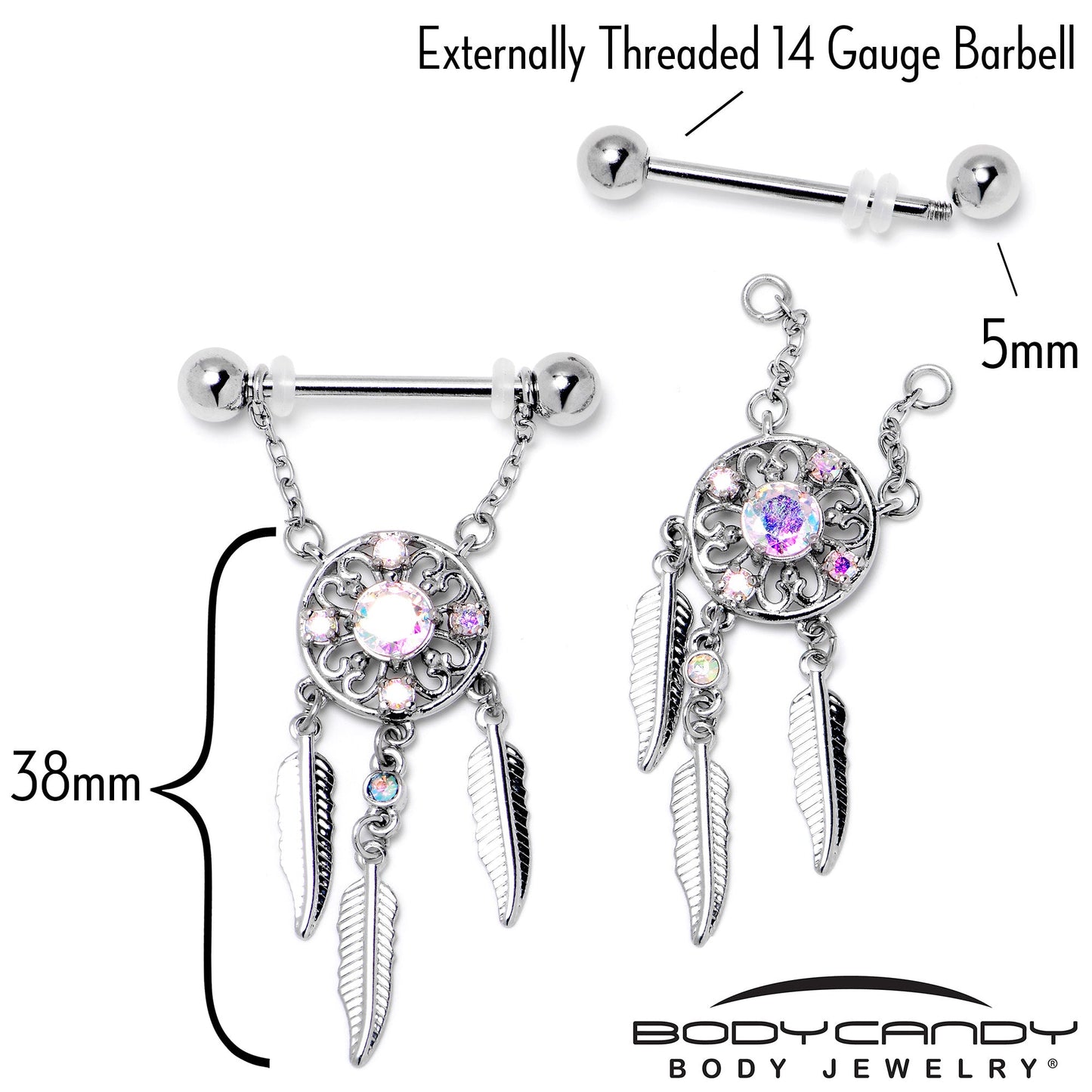 14G 9/16 Aurora CZ Gem Dreamcatcher Dangle Nipple Ring Set