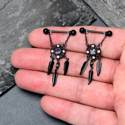 14G 9/16 Aurora CZ Gem Black Dreamcatcher Dangle Nipple Ring Set