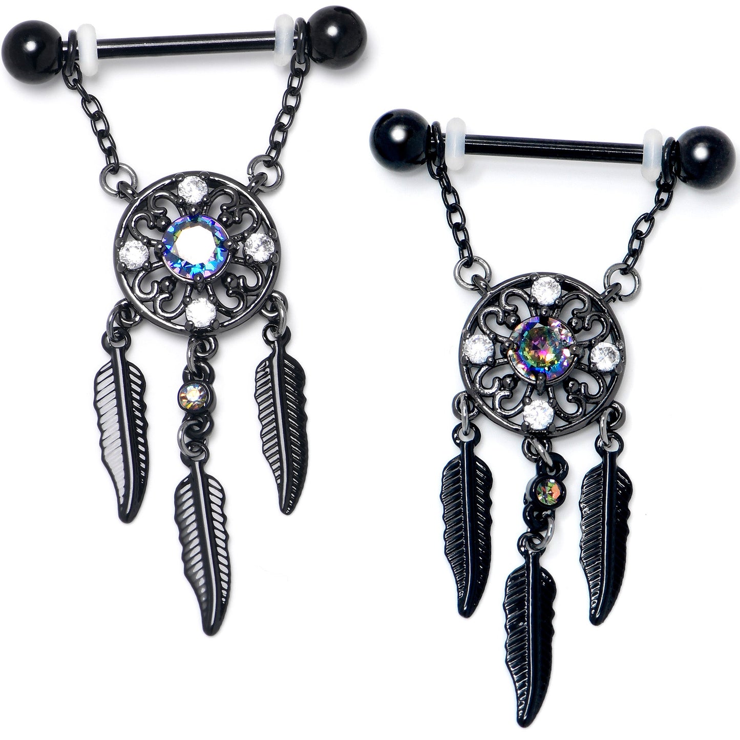 14G 9/16 Aurora CZ Gem Black Dreamcatcher Dangle Nipple Ring Set