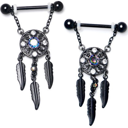14G 9/16 Aurora CZ Gem Black Dreamcatcher Dangle Nipple Ring Set