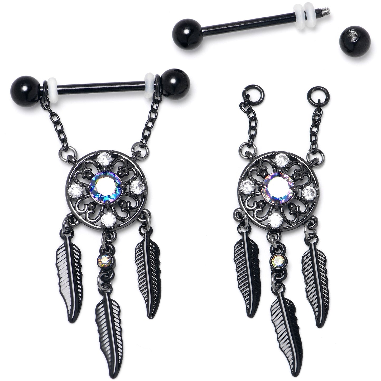 14G 9/16 Aurora CZ Gem Black Dreamcatcher Dangle Nipple Ring Set
