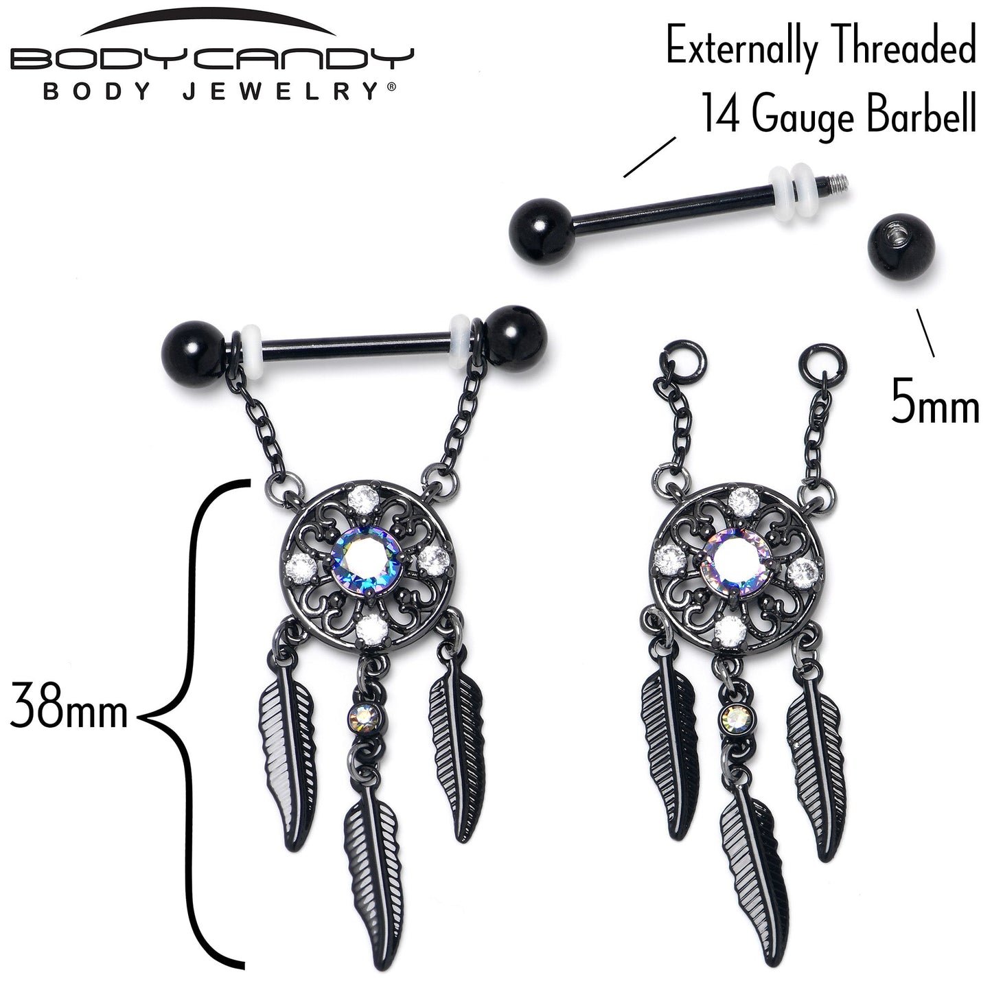 14G 9/16 Aurora CZ Gem Black Dreamcatcher Dangle Nipple Ring Set