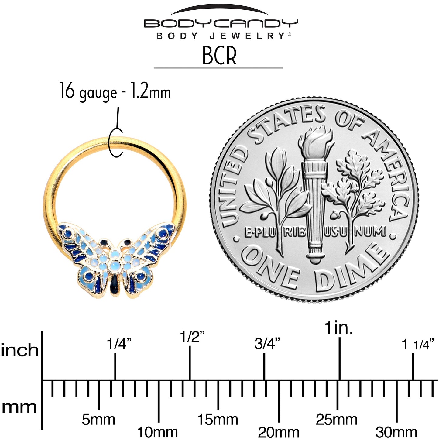 16G 3/8 Gold Tone Evening Butterfly BCR Captive Ring