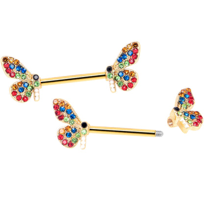 14G 9/16 Red Blue Gem Gold Tone Butterfly Barbell Nipple Ring Set