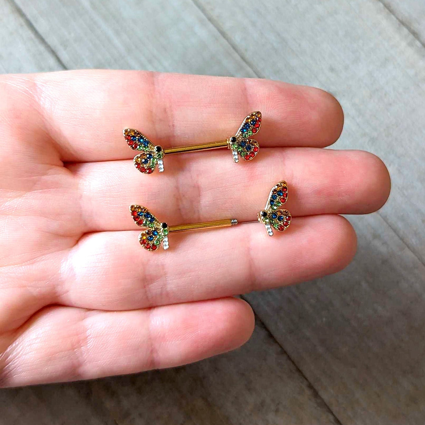 14G 9/16 Red Blue Gem Gold Tone Butterfly Barbell Nipple Ring Set